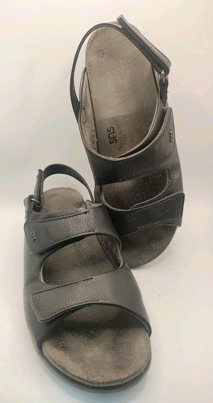 SAS Tripad Comfort Relaxed Black Leather Sandals Adjustable Women Size 12 Wide